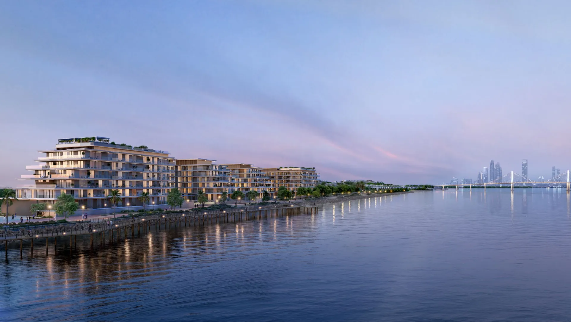 Bashayer residences at dusk overlooking the Abu Dhabi skyline