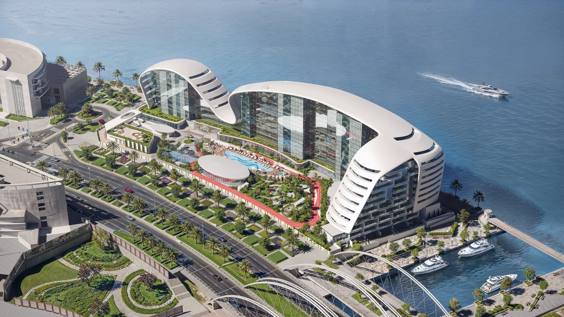 Aerial view of Hilton Residences Abu Dhabi Al Raha on the waterfront