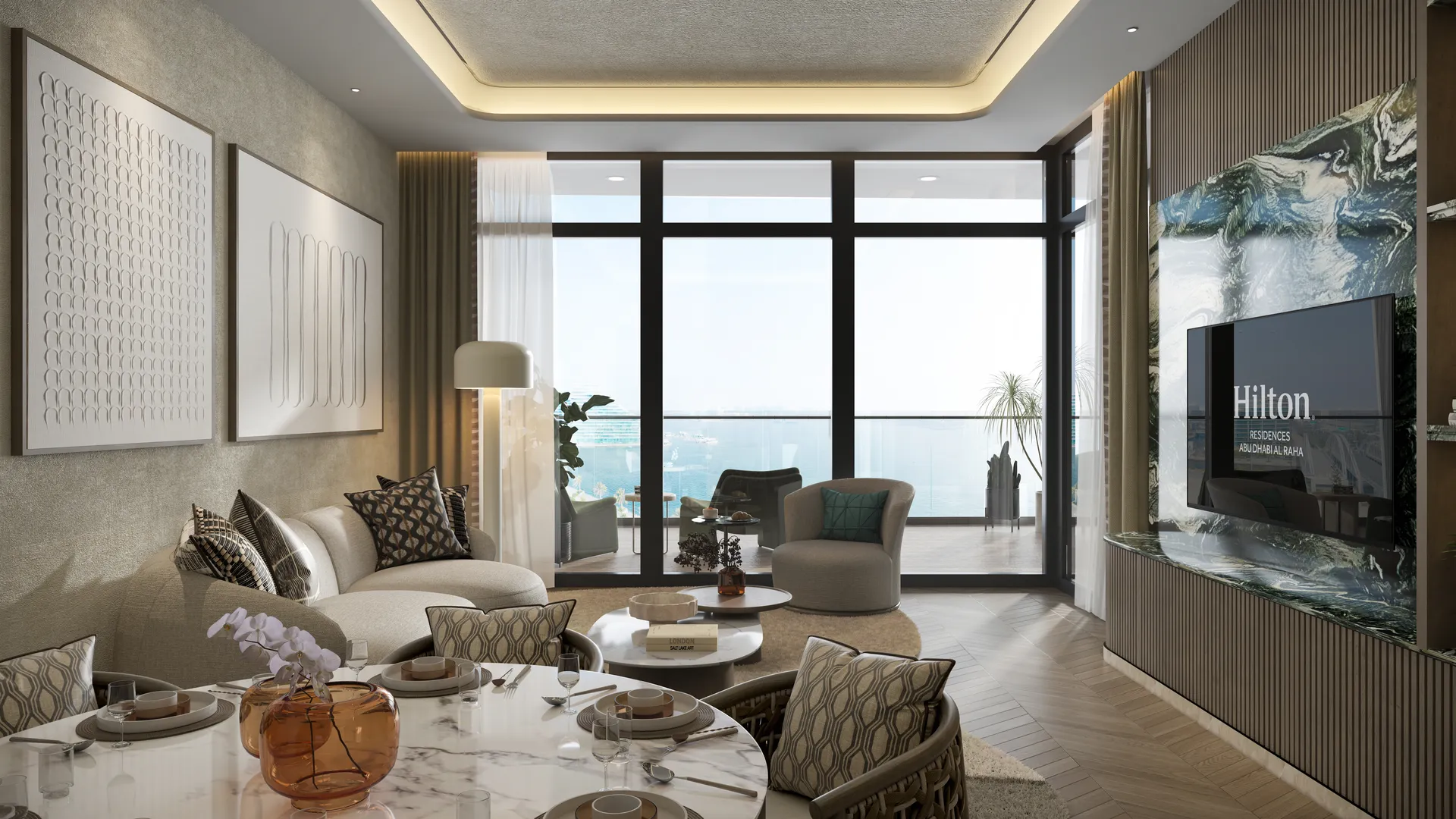 Hilton Residences Al Raha living room with sea view