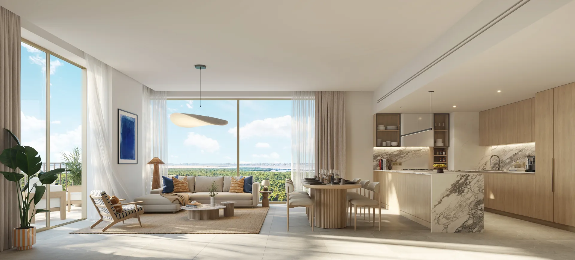 Living room and kitchen in a The Beach House Fahid apartment