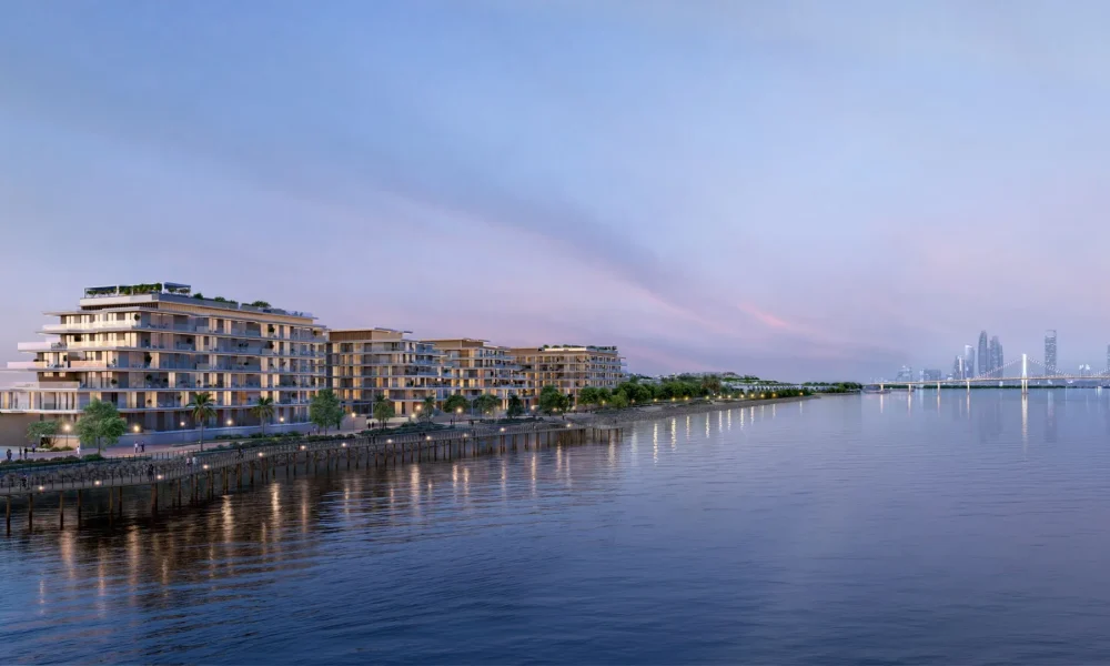 Bashayer residences at dusk overlooking the Abu Dhabi skyline