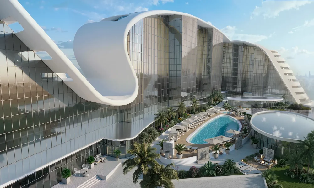 Podium pool deck at Hilton Residences Al Raha