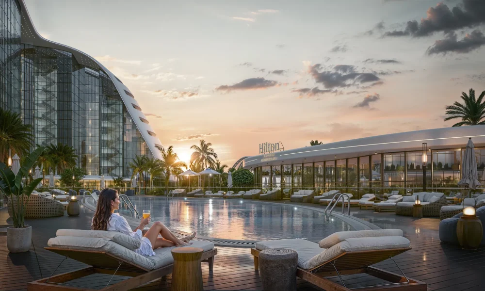 Pool deck at sunset, Hilton Residences Al Raha