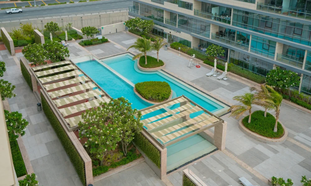 Podium swimming pool at Lamar Residence from above