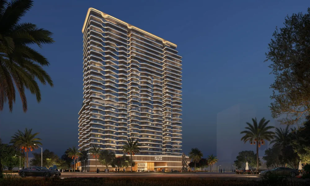 Sunstone tower at night, Makers District, Al Reem Island